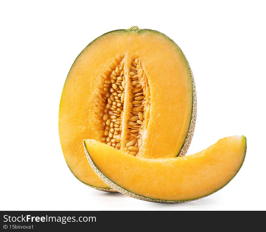 Close up of beautiful tasty sliced juicy cantaloupe melon, muskmelon, rock melon isolated on white background. Close up of beautiful tasty sliced juicy cantaloupe melon, muskmelon, rock melon isolated on white background