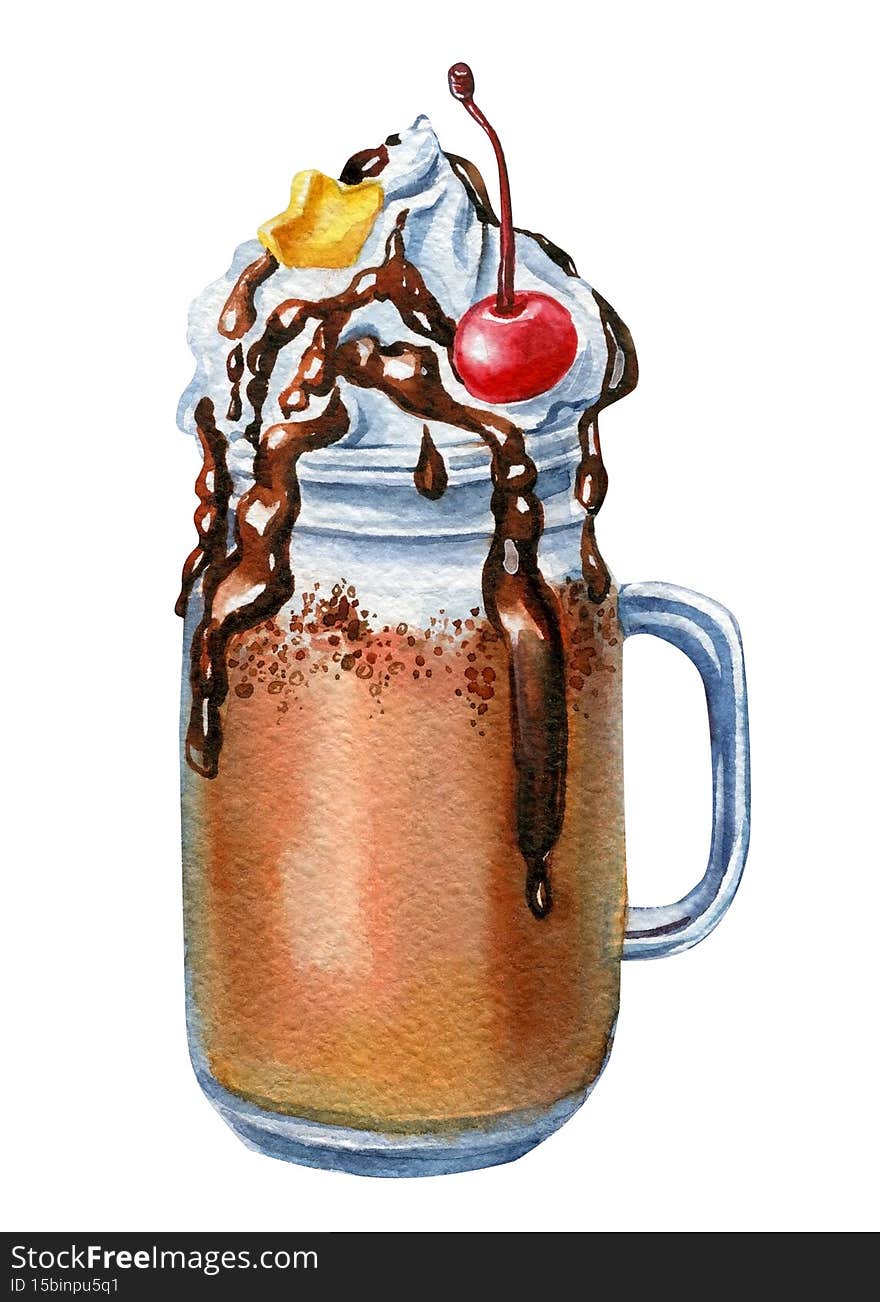 Dessert in a cup, sweet watercolor drawing, cocoa. High quality illustration. Dessert in a cup, sweet watercolor drawing, cocoa. High quality illustration