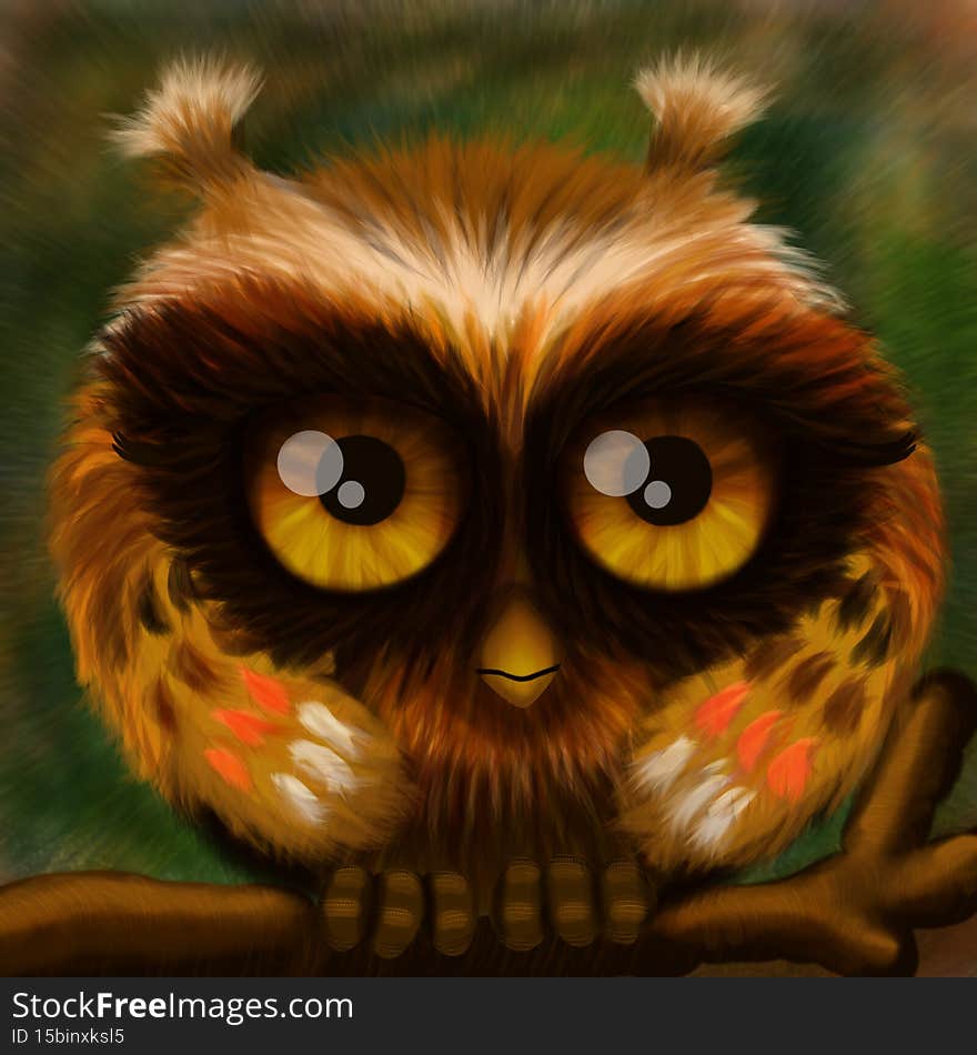 Funny baby-owl on the tree, hand drawing by computer graphic