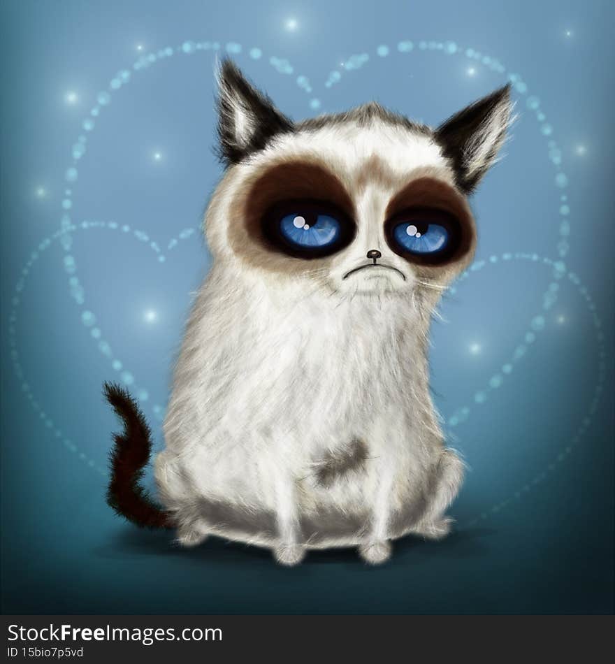 Sad cat on the blue background, hand drawing by computer graphic