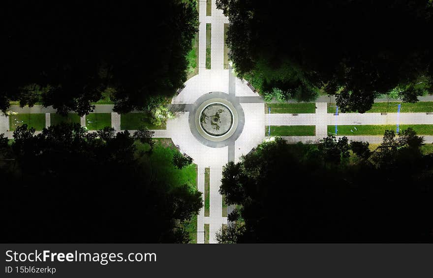 Aerial view of Fountain in the Park in Russia, Night, City, Grassland, Square, Light. Aerial view of Fountain in the Park in Russia, Night, City, Grassland, Square, Light