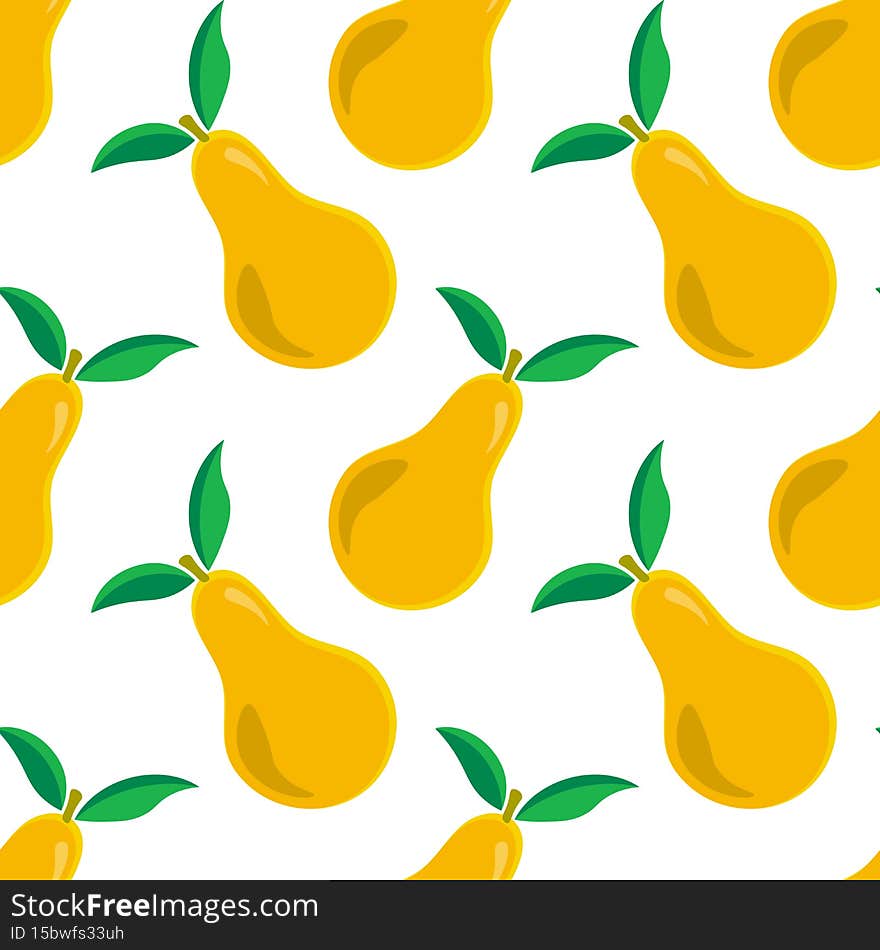 Colorful seamless pattern with yellow pear with leaves. Cute fruit background.