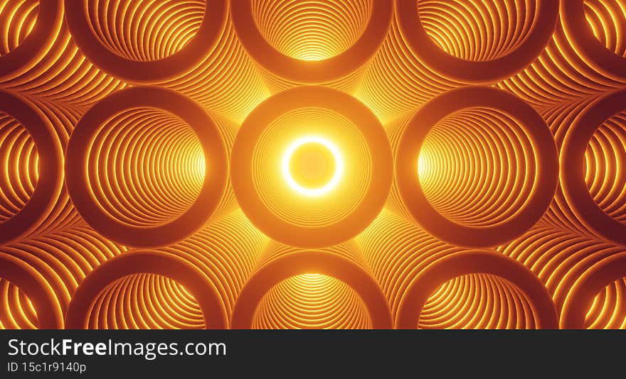 3d render with pipes made of rings in bright yellow light