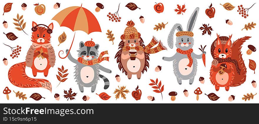 Cute animals in knitted hats and scarves in autumn. Fox, raccoon, hedgehog, hare and squirrel among autumn leaves, mushrooms