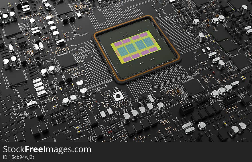 A fragment of computer hardware components. powerful cpu on a chip
