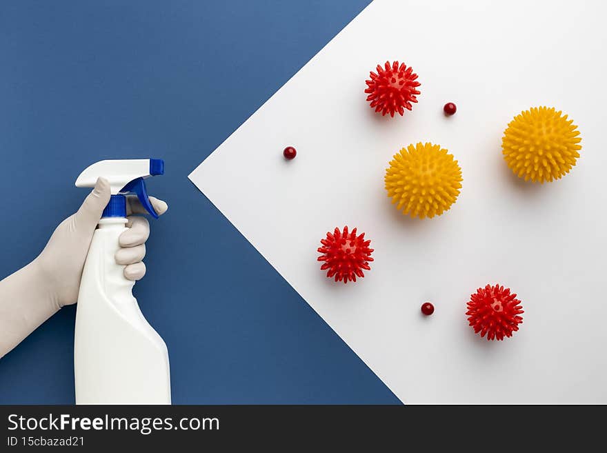 flat lay hand holding disinfectant against viruses. High resolution photo. flat lay hand holding disinfectant against viruses. High resolution photo