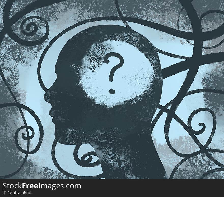 Dark drawn profile of a man. reflection and question mark