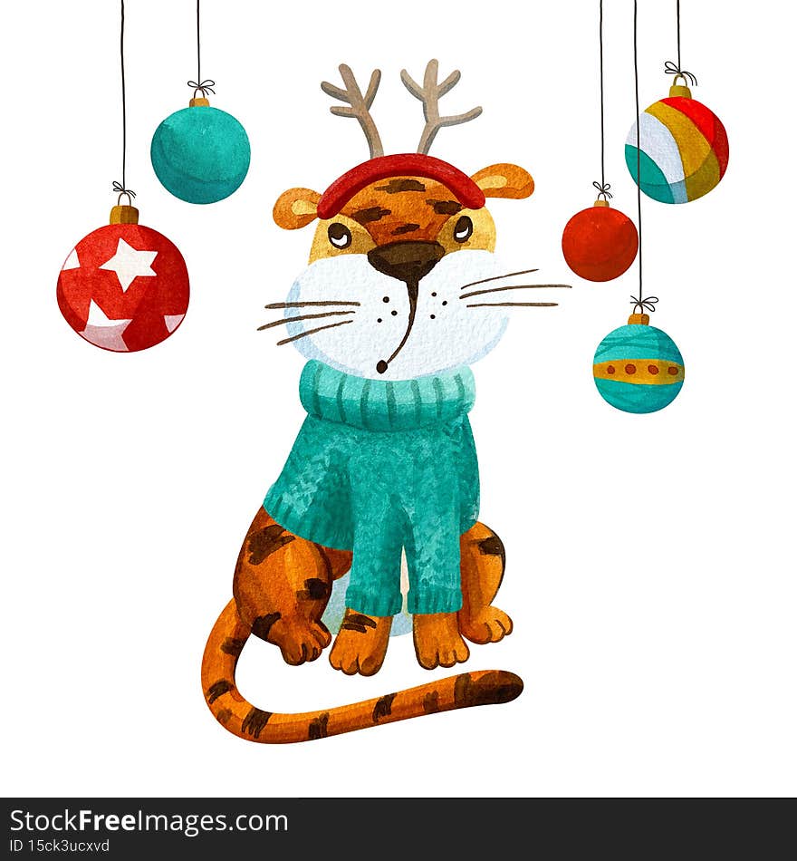 Funny tiger in christmas costume looks at decorations