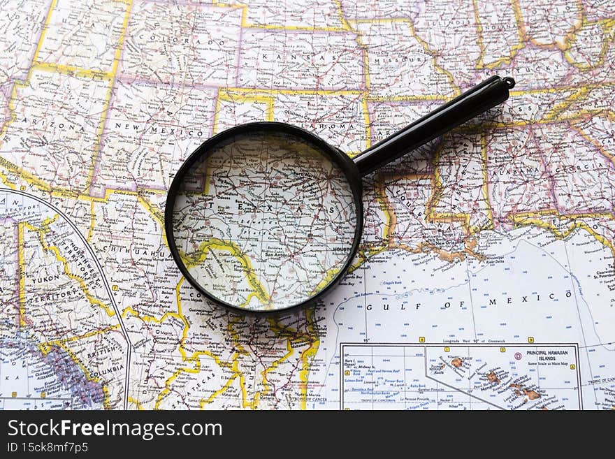 texas state seen from magnifying glass. High quality photo