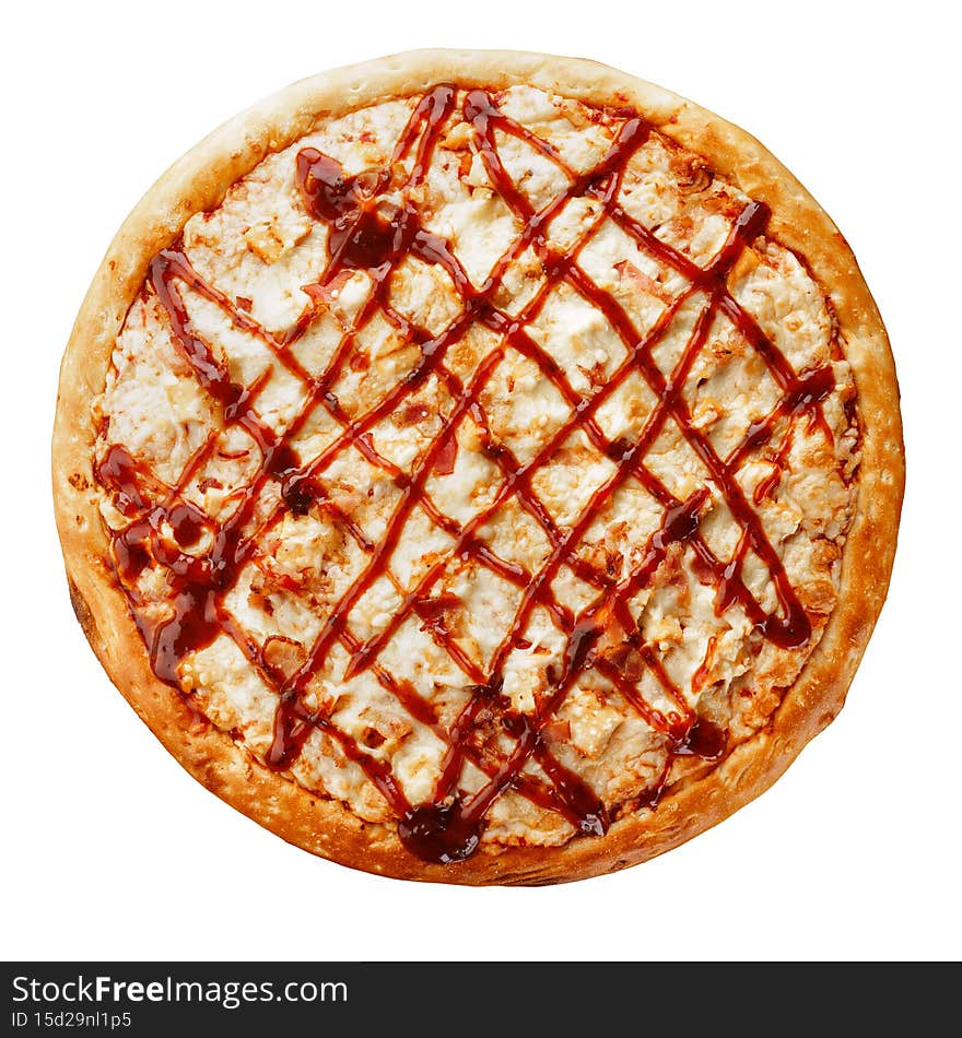 Pizza with barbecue sauce top view isolated on a white background.