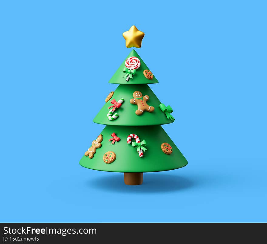 Simple decorated chistmas tree with star at the end and with sweets, cookies and bows on it 3d render illustration