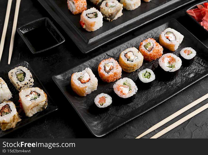 flat lay delicious sushi with sauce. High quality photo