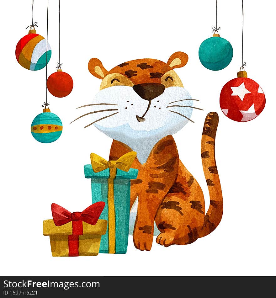 Happy tiger with new year gifts and decorations