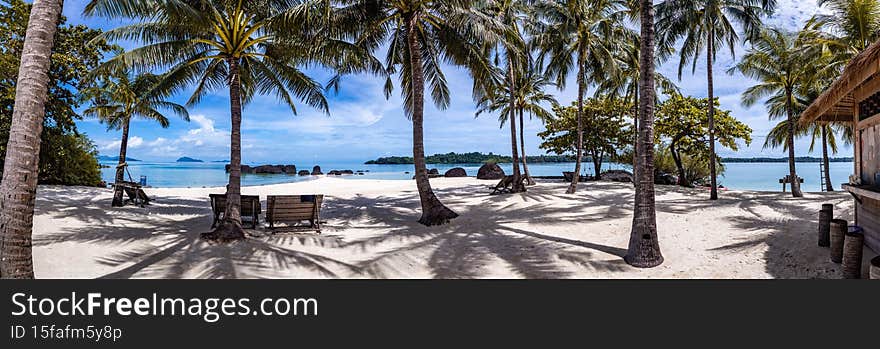 Beautiful tropical island koh Kham, white sand beach with volcanic rocks, near koh Mak, Trat, Thailand