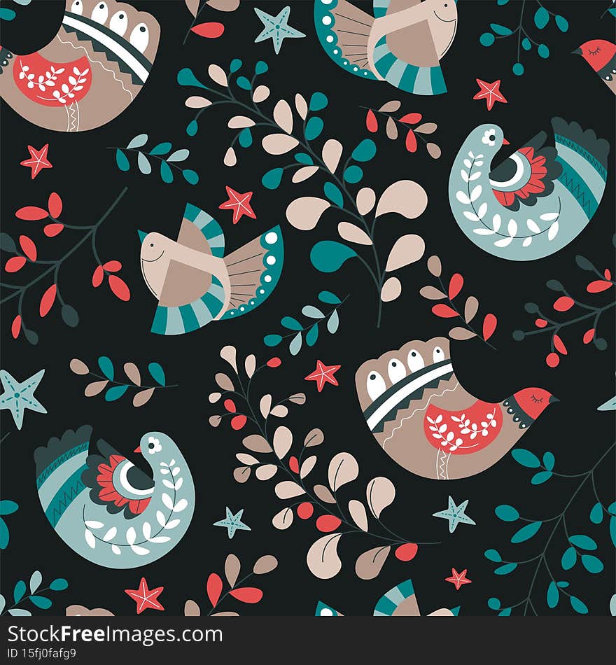 Floral ornaments and birds seamless pattern vector