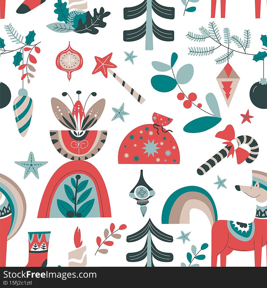 Christmas and new year, floral composition. Wolf and pine tree with bauble, mistletoe ad sack with presents. Seamless pattern, background or print for xmas winter holiday. Vector in flat style. Christmas and new year, floral composition. Wolf and pine tree with bauble, mistletoe ad sack with presents. Seamless pattern, background or print for xmas winter holiday. Vector in flat style