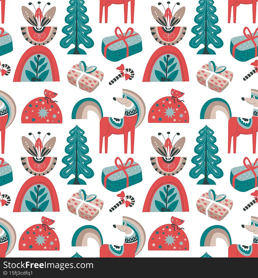 Pine tree and animal wolf, xmas presents pattern