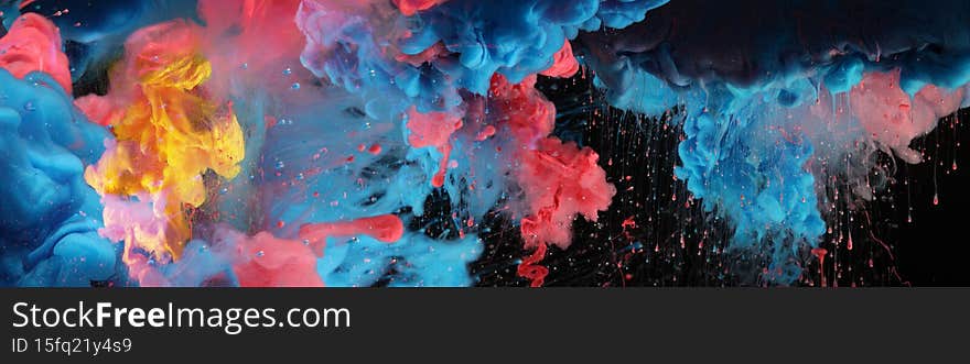 Acrylic colors and ink in black water. Ink blot. Abstract background. Horizontal long banner.