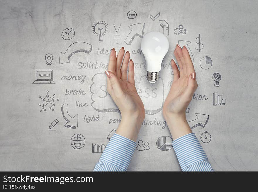 Female open hands for product. Mixed media