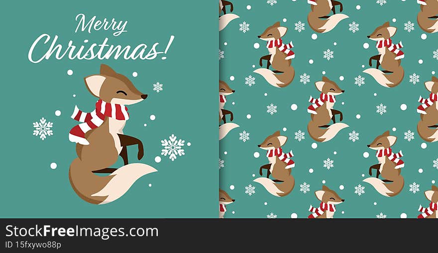 Christmas banner and seamless pattern of cute fox wear red scarf with snowflakes