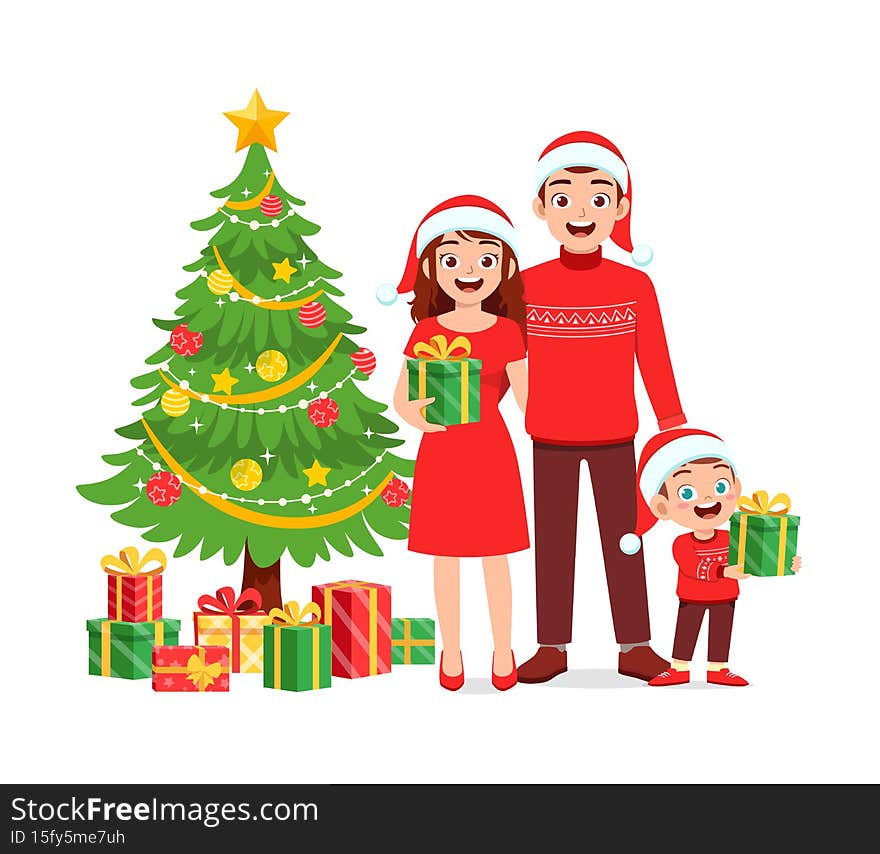 Happy mother father and kid celebrate christmas