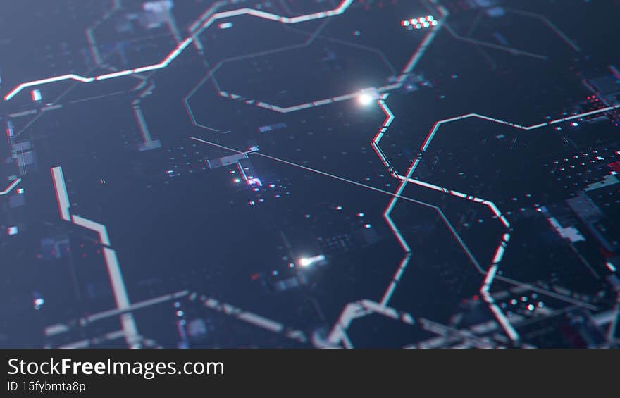 Dark blue smooth surface with bright elements. Glitch effect. Technological background. 3d rendering