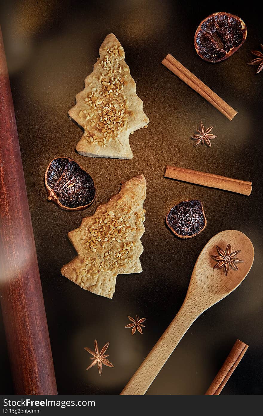 christmas tree cookies and spices, xmas festive background, baking with kids, sweet winter holiday dessert