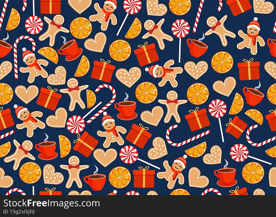 Christmas texture with gingerbread cookies, sweets, cup and gifts. Vector illustration of Merry Christmas and Happy New