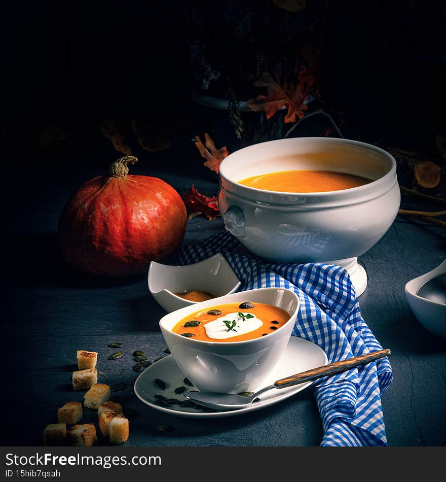 A Delicious vegetable pumpkin cream soup with coconut milk
