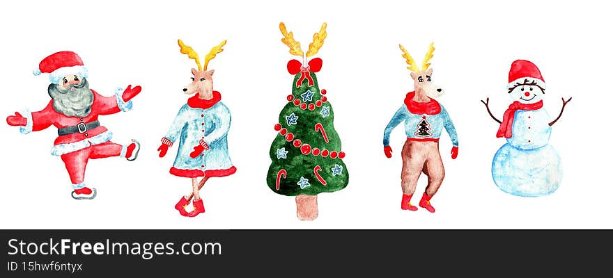Watercolor Santa Claus, snowman and deers dancing near Christmas tre