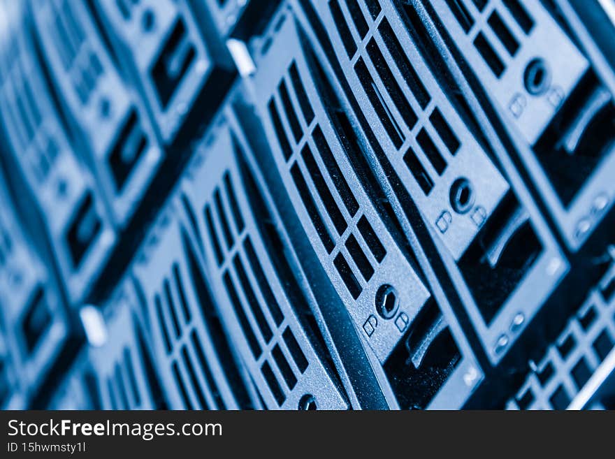 Row of hard disks used for data storage in internet data center. Row of hard disks used for data storage in internet data center