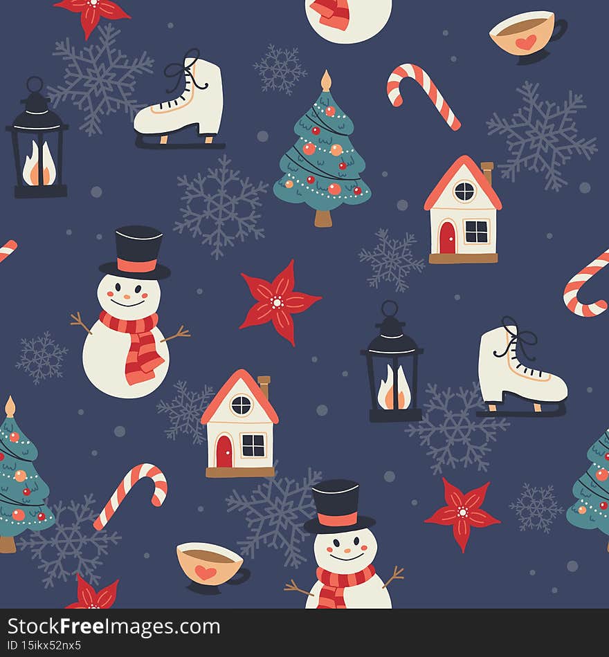 Christmas pattern with snowmans, christmas tree, houses, lanterns. Festive background with hand drawn elements, vector