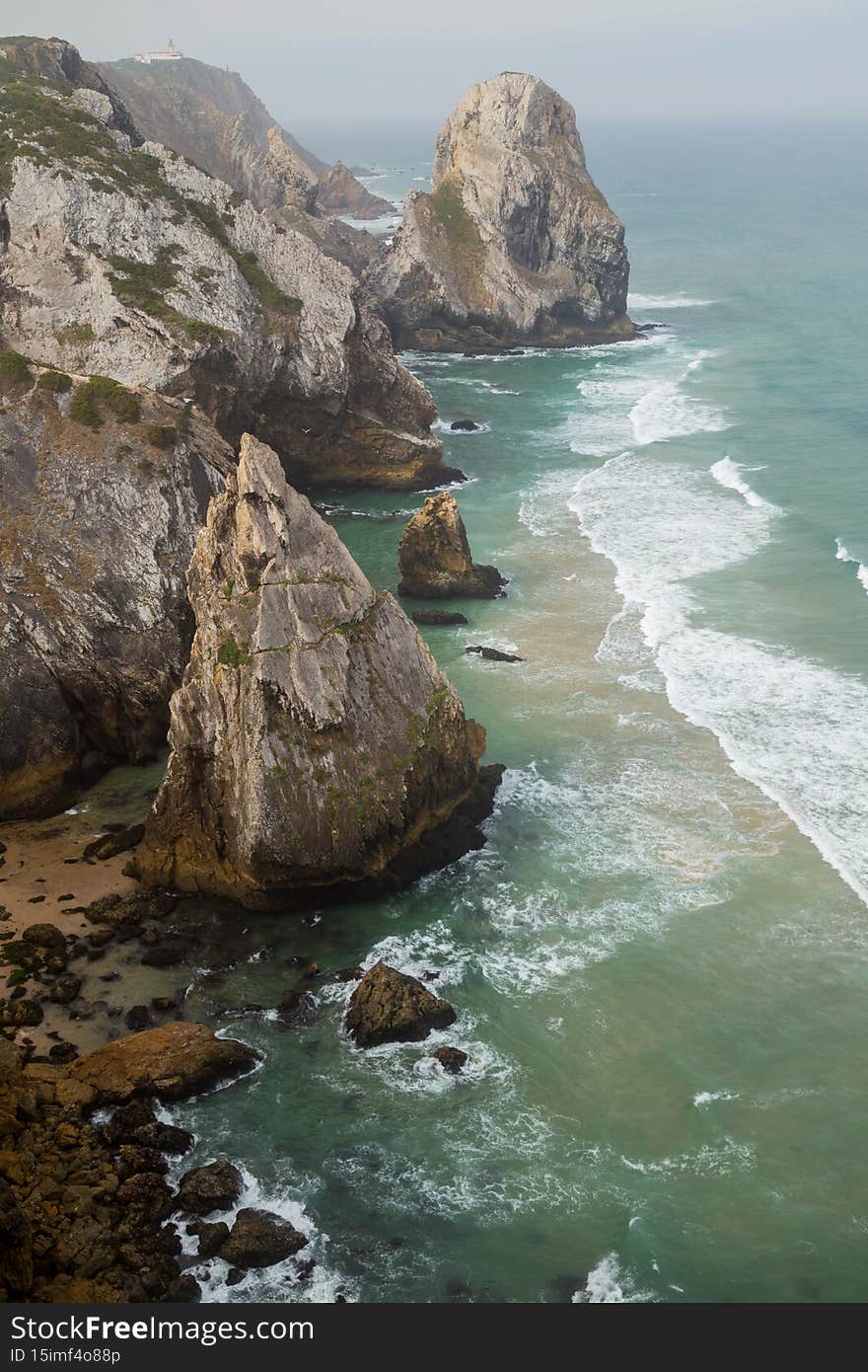 Cliffs on the shore of Atlantic ocean in Cabo da Roca Cape Roca in Portugal. Westernmost point of continental Europe