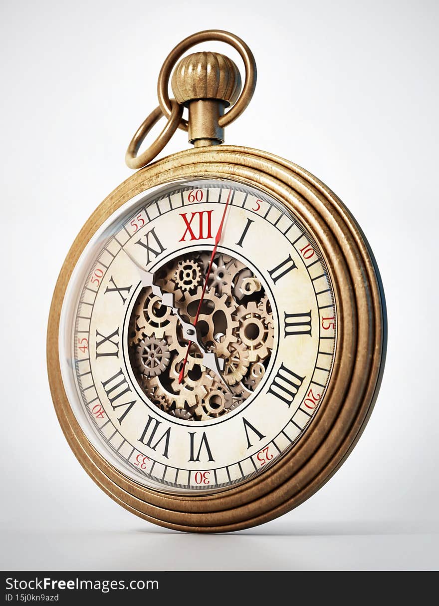 Antique pocket watch isolated on white background. 3D illustration.
