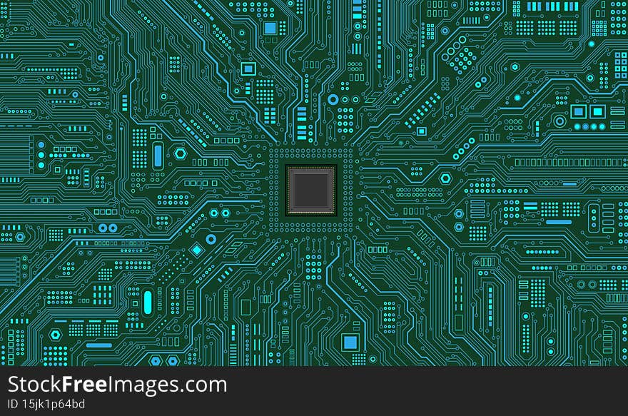 CPU Chip on Motherboard.Futuristic microchip processor.