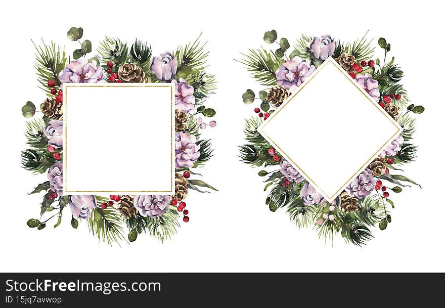 Watercolor Christmas invitation design. Watercolor Frames for winter holidays. Berries, flowers, fir, evergreen.