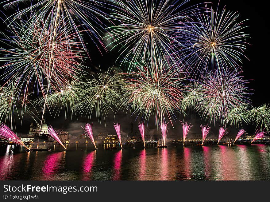 Impressive explosion of fireworks in Venice during the Redentore festival,  Italy