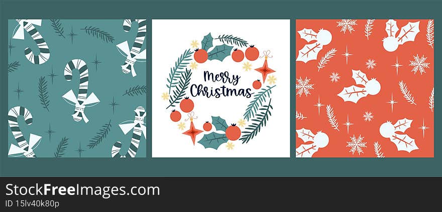 Set of Christmas vintage covers for congratulations.Template with lollipop, holly, frame with congratulations text