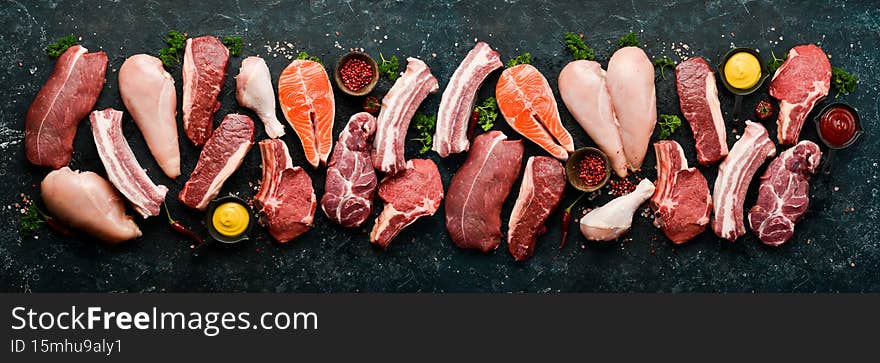 Set of various classic, alternative raw meat, veal beef steaks, pork, chicken fillet, fish, salmon steak.