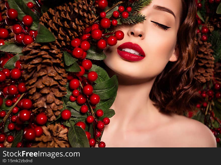 Photo of stunning female model tender beauty picture new year eve dreamy lady isolated on wreath frame background.