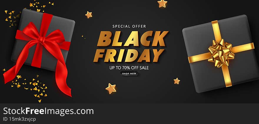 Black Friday Super sale. Realistic gift boxes with red bow and gold bow. Dark background with sequins and stars