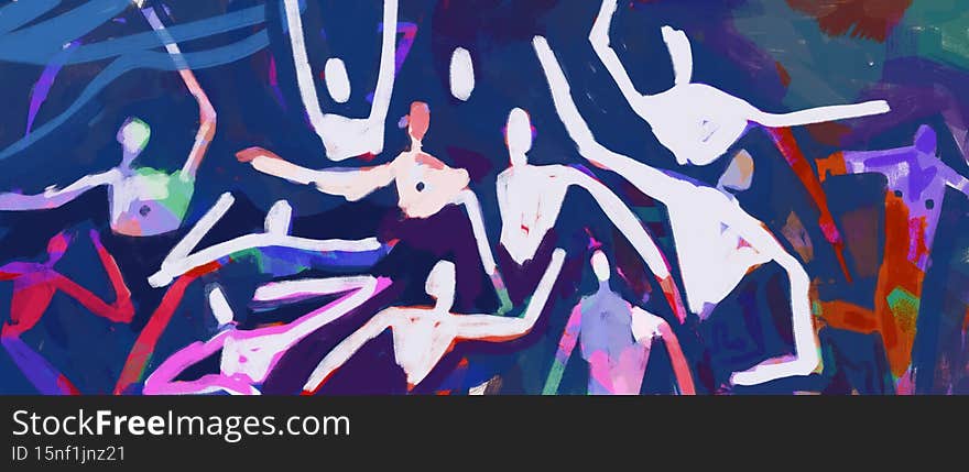 Peaceful Group of people together dancing and chilling, fresco banner picture, grunge art and graffiti painting. Energetic oil painting with strong color. Painting for art industry