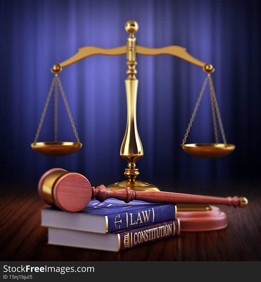 Law and Justice concept. Gavel of the judge, books of law and constitution