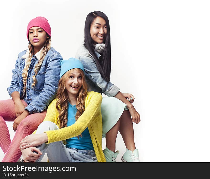 diverse nation girls group, teenage friends company cheerful having fun, happy smiling, cute posing isolated on white