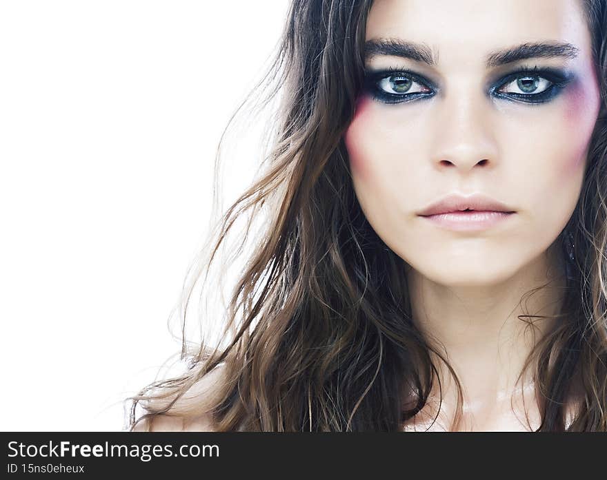 young beauty woman with makeup like shiner on face close up isolated white background, problem teen close up