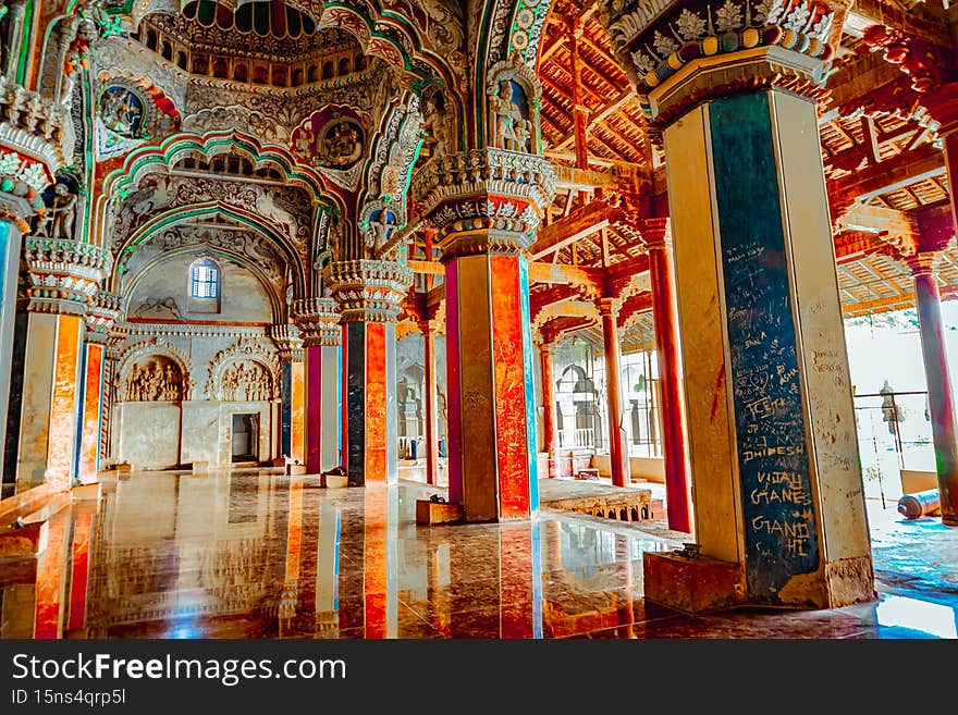 Incredible India Tourism Thanjavur, Tamil Nadu, India - The high arches artworks and colorfully painted wall murals and ceilings of the ancient 17th-century durbar hall Maratha Palace in the town of Thanjavur - One of the best archeological sites in South India. This Image is Best for Wallpapers, Background, Magazine, Large Size Photos, Home Decorative Photos, and Book Printings and much more. Incredible India Tourism Thanjavur, Tamil Nadu, India - The high arches artworks and colorfully painted wall murals and ceilings of the ancient 17th-century durbar hall Maratha Palace in the town of Thanjavur - One of the best archeological sites in South India. This Image is Best for Wallpapers, Background, Magazine, Large Size Photos, Home Decorative Photos, and Book Printings and much more
