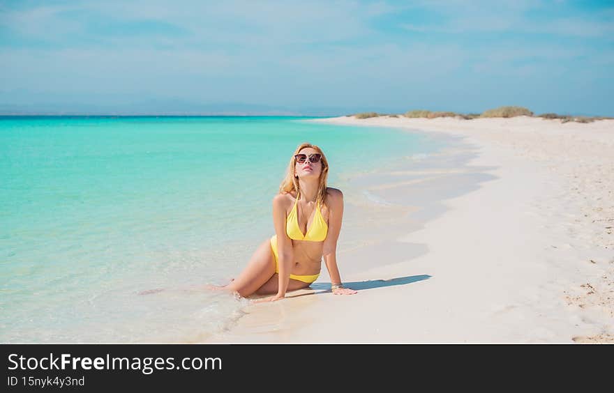 Nice sweet woman at beach, rest in vacation