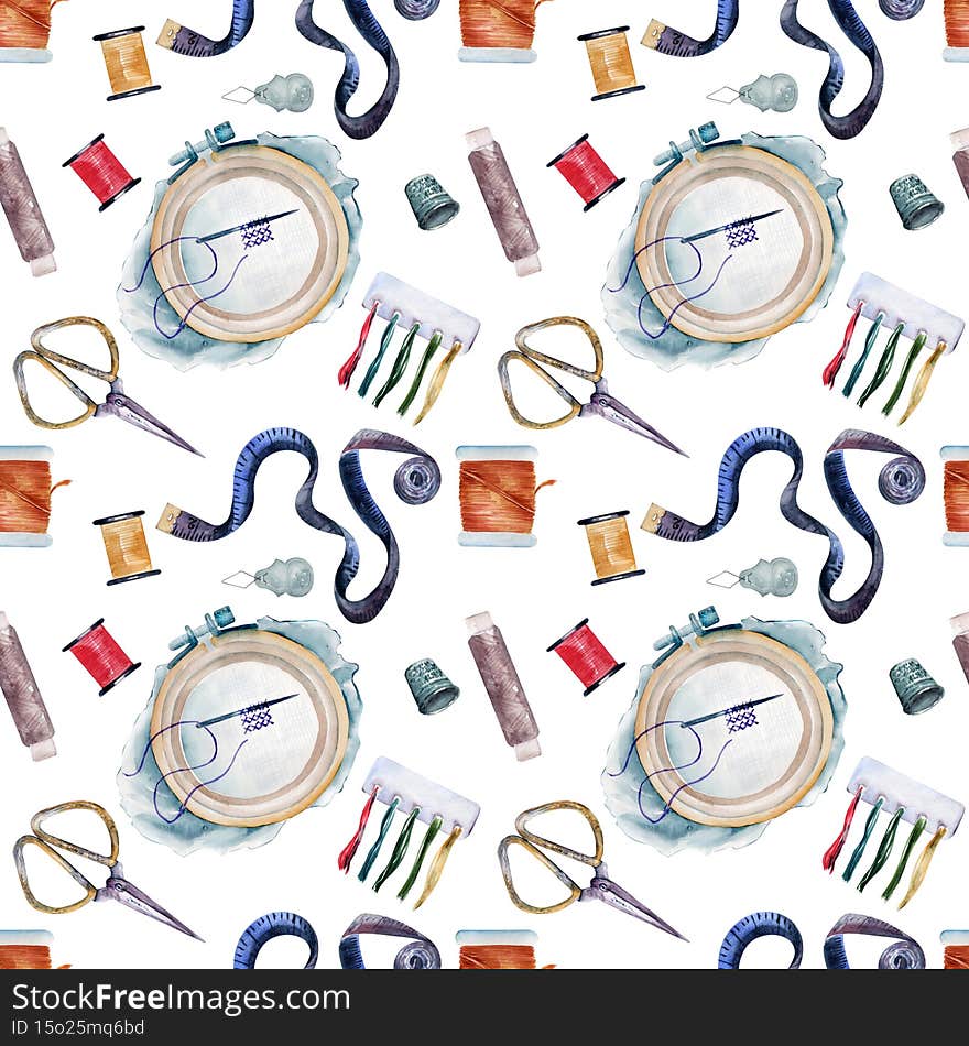 Watercolor seamless pattern with a set of accessories for embroidery and sewing