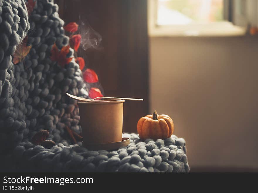 Autumn still life with steaming hot soup in sustainable plastic free food container on chair with grey wool blanket, pumpkin and