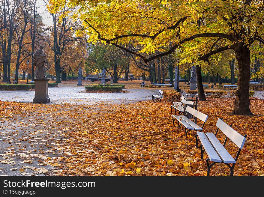 The Saxon Garden Ogrod Saski in Warsaw, Poland. Autumn scenery with alleys, fallen leaves and benches, public park in the city center. The Saxon Garden Ogrod Saski in Warsaw, Poland. Autumn scenery with alleys, fallen leaves and benches, public park in the city center